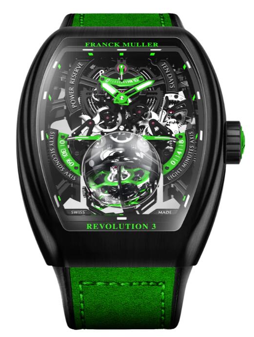 Review Franck Muller Vanguard Revolution 3 Skeleton Brushed Black Titanium - Green V50 REV 3 PR SQT NRBR (VR) Replica Watch - Click Image to Close